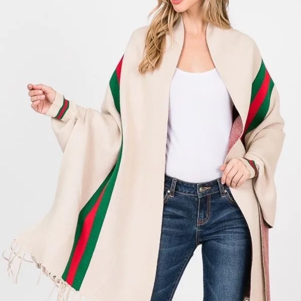Designer Inspired Wrap Red & Green Striped Ivory Color Long Shawl One Size